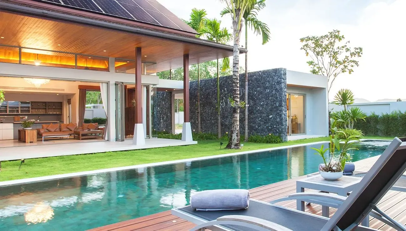 poolside with a view of solar panels